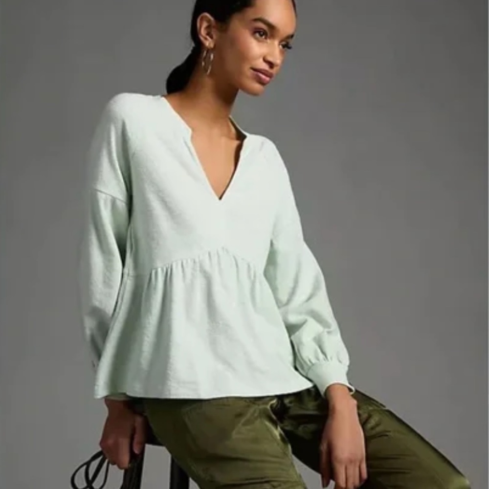 PILCRO Anthropologie Split Neck Mint Terrycloth Babydoll Top Size L‎